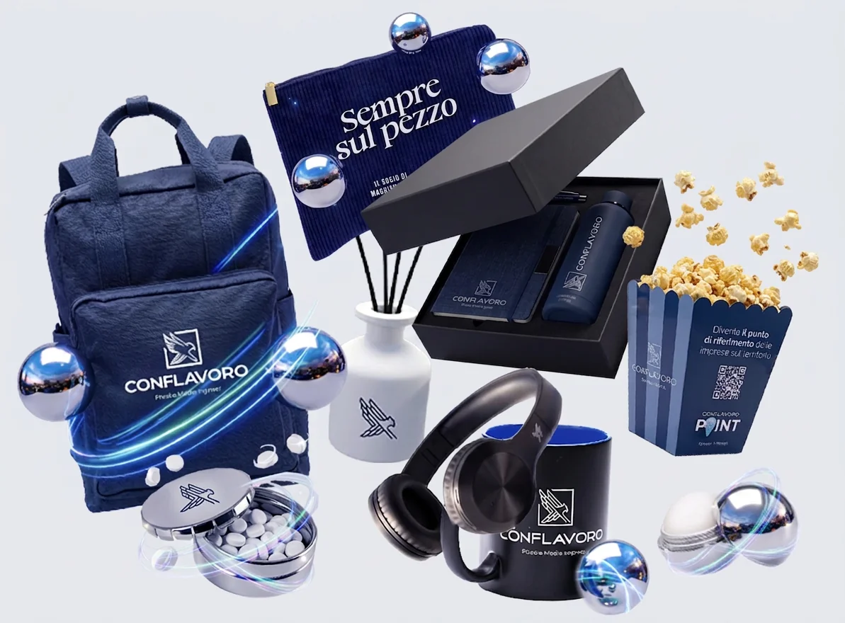 Gadget esclusivi Conflavoro: zaino, borraccia, cuffie e box regalo